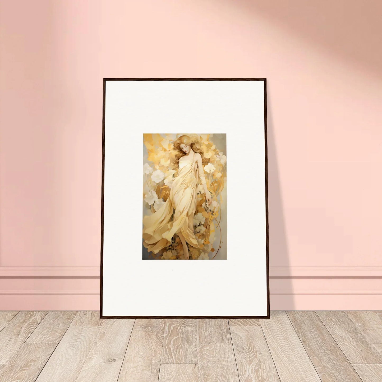 Framed wall art of an ethereal female figure in Sunlit Petal Reverie for room decor