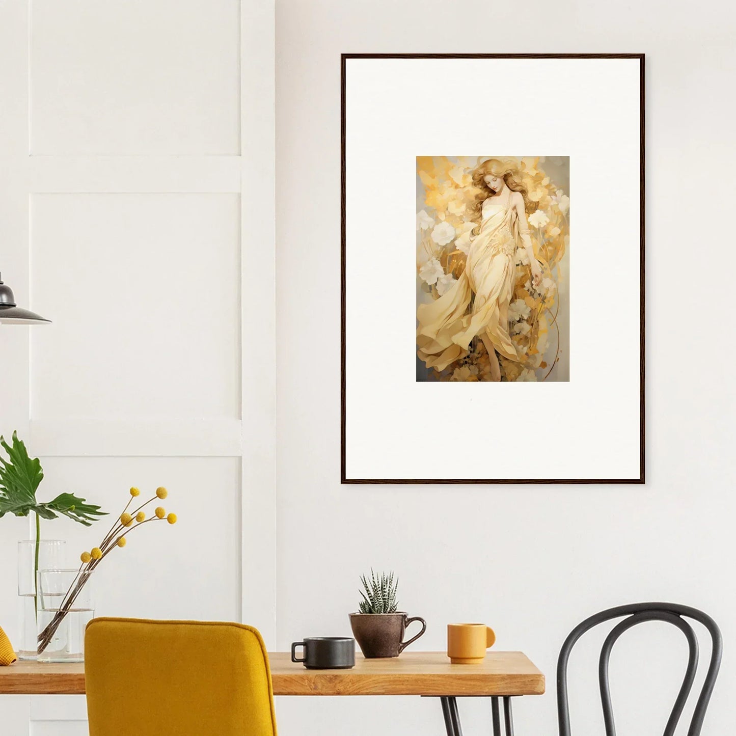 Framed wall art of ethereal figures in golden hues for elegant room decor