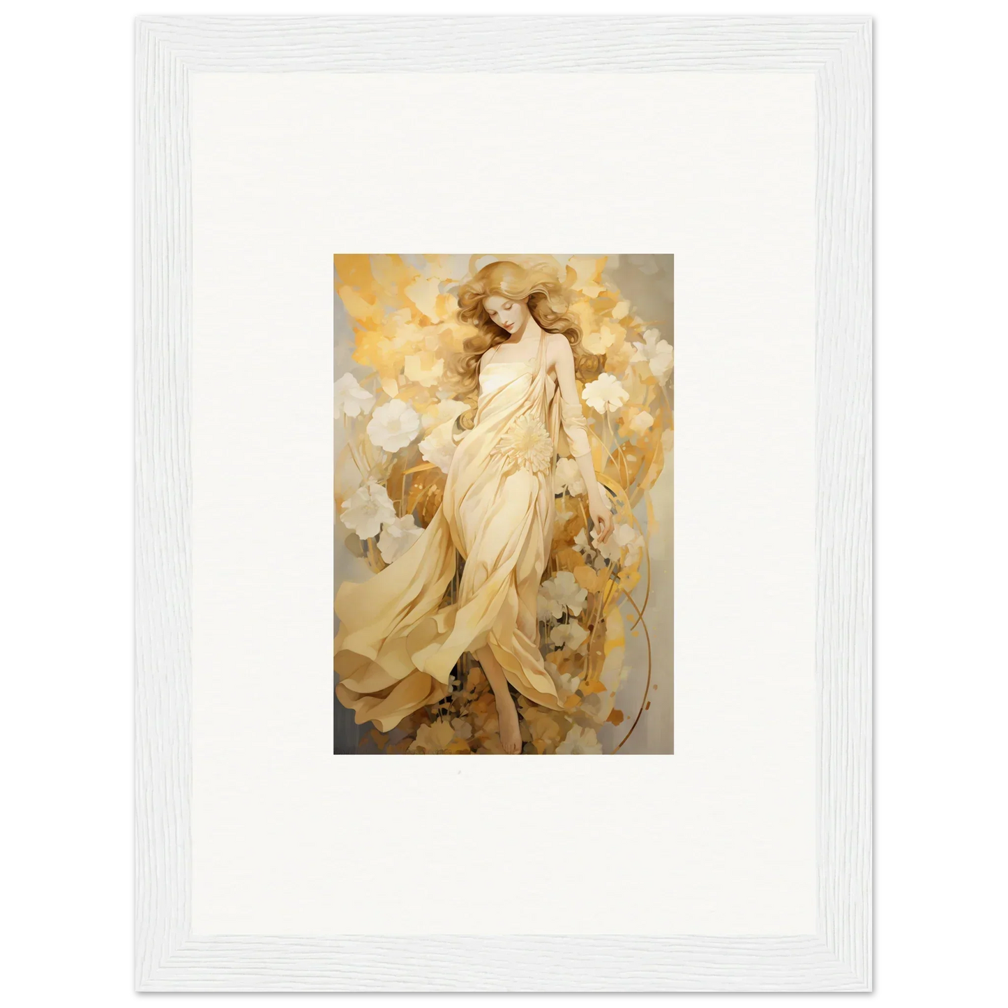 Framed wall art of an ethereal female figure in golden robes, perfect for Petal Reverie room decor