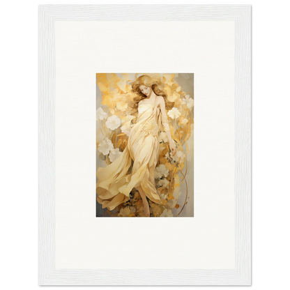 Framed wall art of an ethereal female figure in golden robes, perfect for Petal Reverie room decor