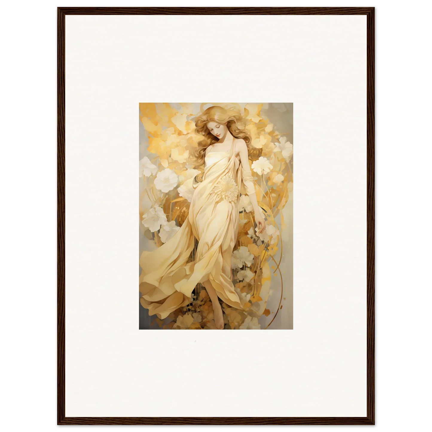 Framed wall art of ethereal female figure in golden hues for elegant room decor