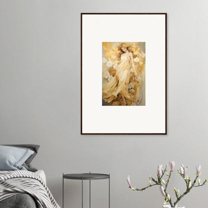 Framed wall art of an ethereal female figure in golden robes for petal reverie room decor