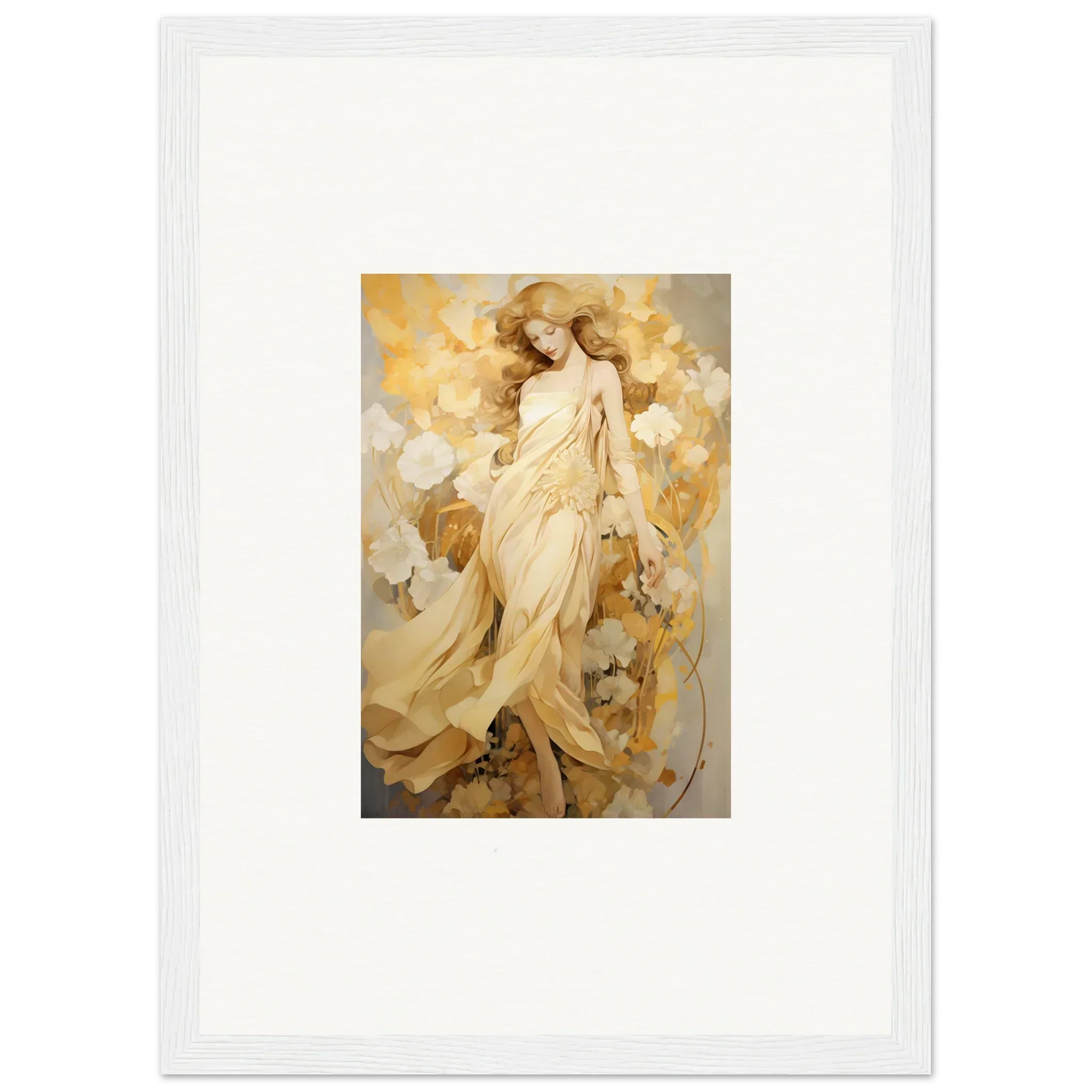 Ethereal female figure in golden robes among flowers for Petal Reverie wall art decor