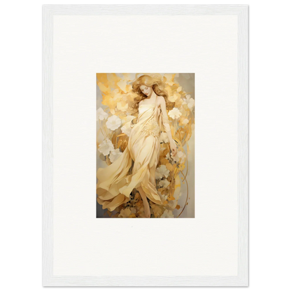 Ethereal female figure in golden robes among flowers for Petal Reverie wall art decor