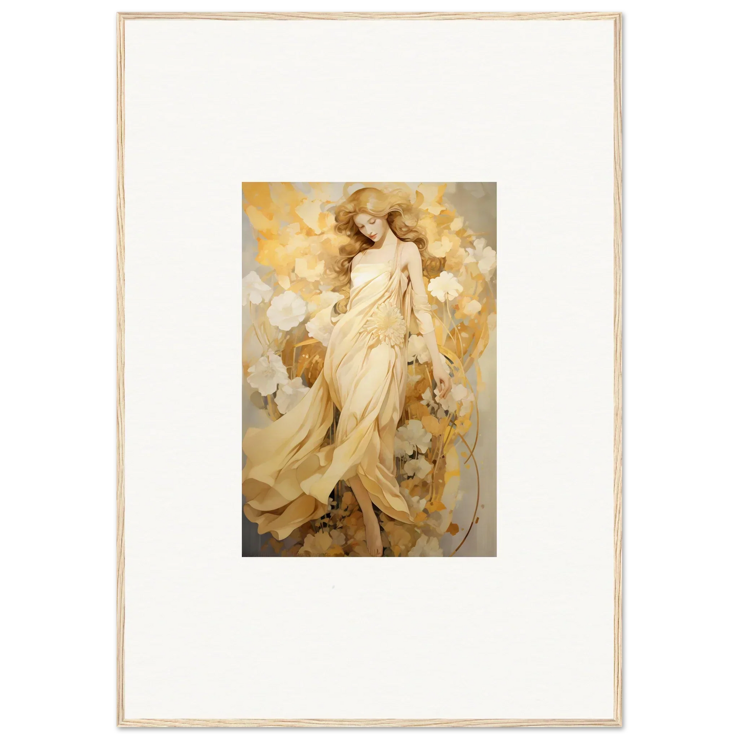 Ethereal painting of a woman in golden robes, ideal for Petal Reverie room decor