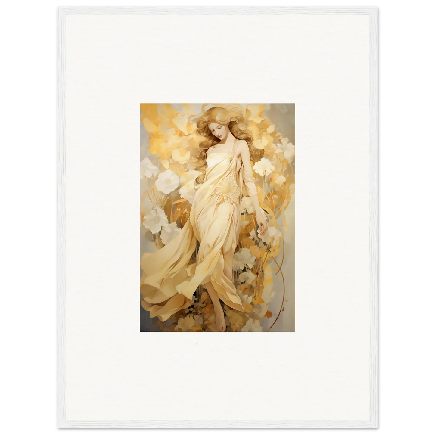 Ethereal woman in white robes with golden hues, perfect for Petal Reverie room decor