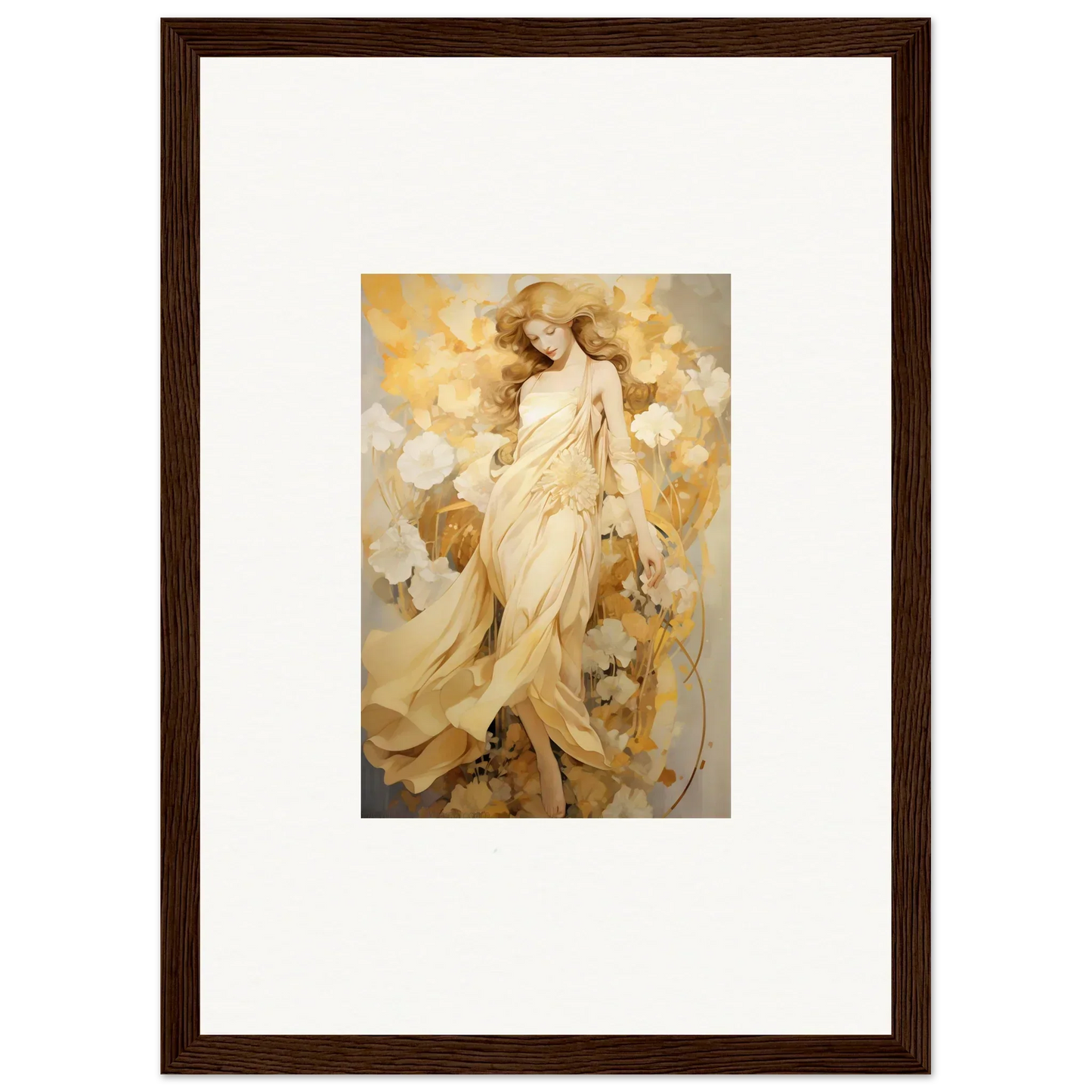 Framed wall art of an ethereal female in golden robes, perfect for petal reverie room decor