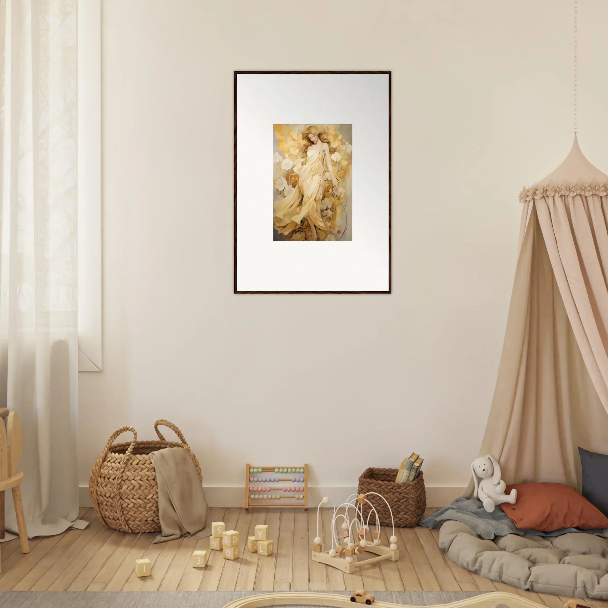 Framed wall art of ethereal female figure in golden hues for petal reverie room decor