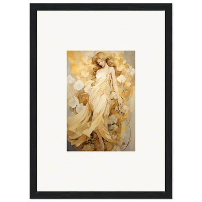 Framed wall art of an ethereal woman in golden robes for Petal Reverie room decor