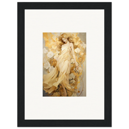 Framed wall art of a female figure in golden robes for petal reverie room decor