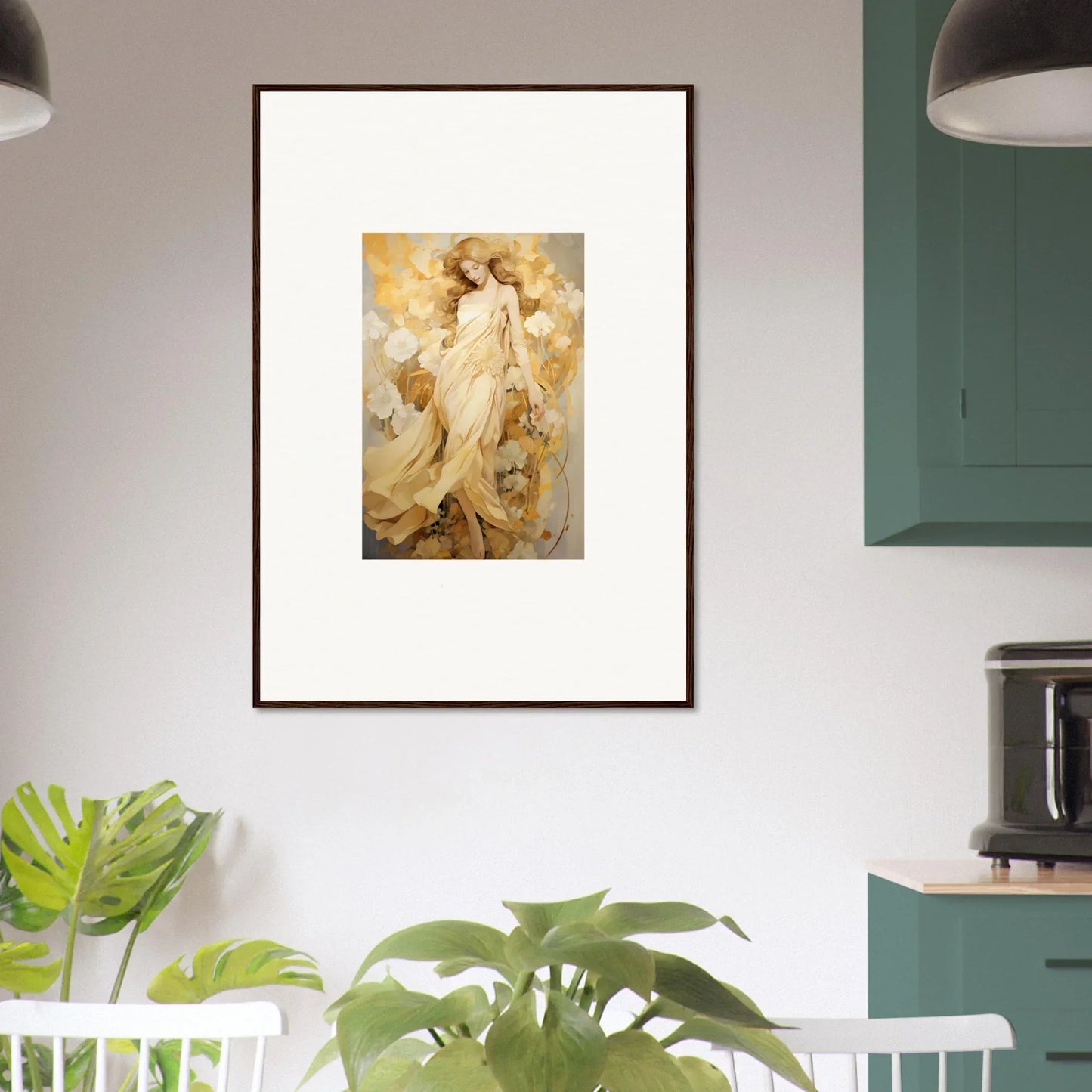 Framed wall art of ethereal female figure in golden robes for elegant room decor