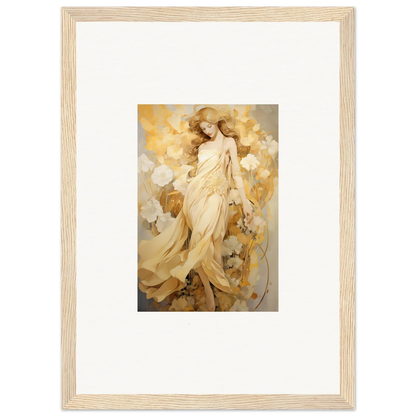 Framed wall art of a golden-robed female figure in a petal reverie for stunning room decor