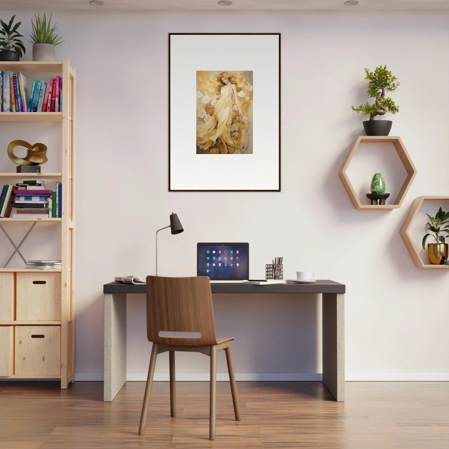 Home office workspace with Sunlit Petal Reverie decor, bookshelf, and framed wall art