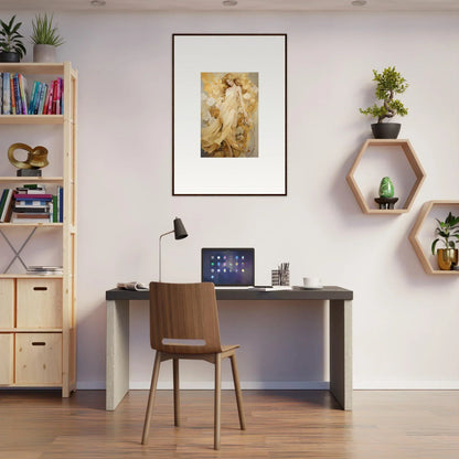 Home office workspace with Sunlit Petal Reverie decor, bookshelf, and framed wall art