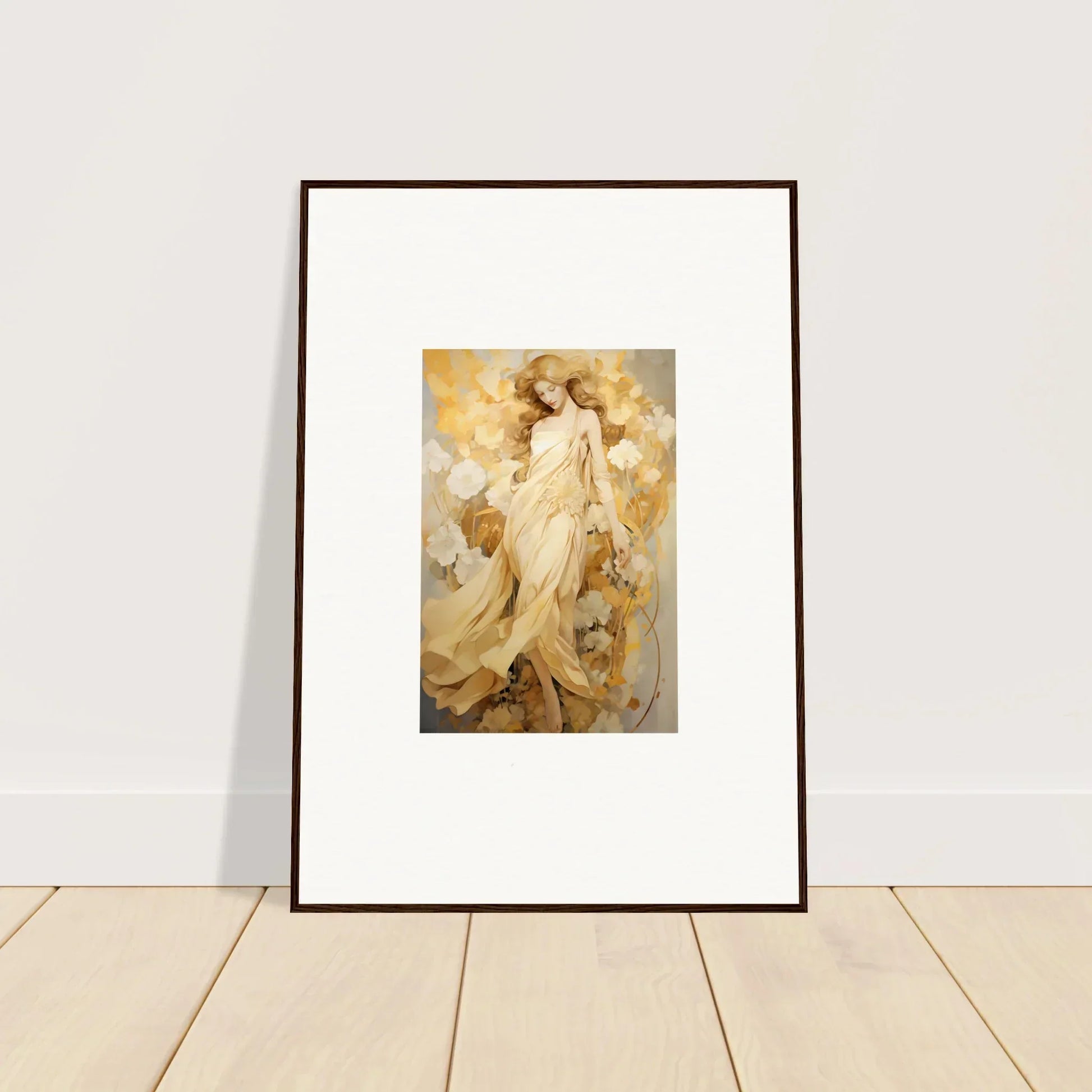 Framed wall art of an ethereal female figure for elegant room decor, Petal Reverie