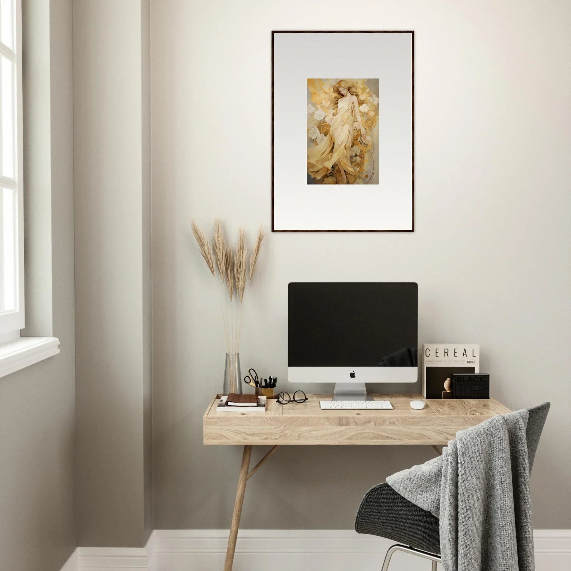 Minimalist wooden desk with computer monitor and office accessories for Petal Reverie room decor