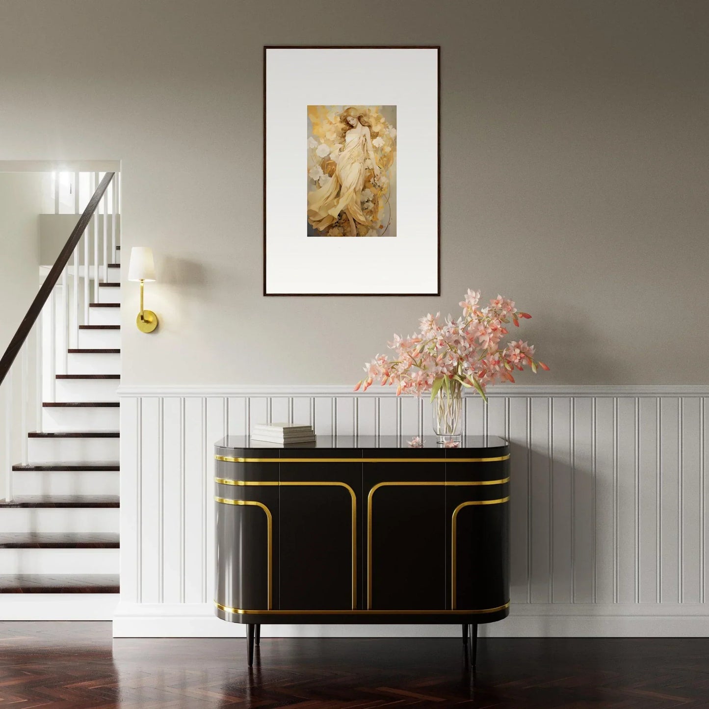 Elegant black sideboard with gold trim enhancing Petal Reverie room decor