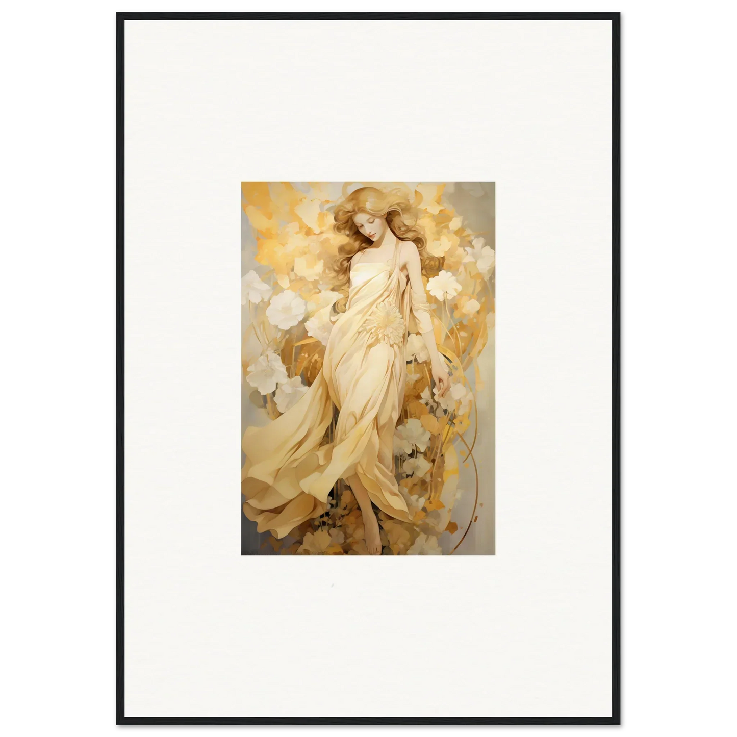 Ethereal painting of a woman in golden robes, perfect for petal reverie room decor