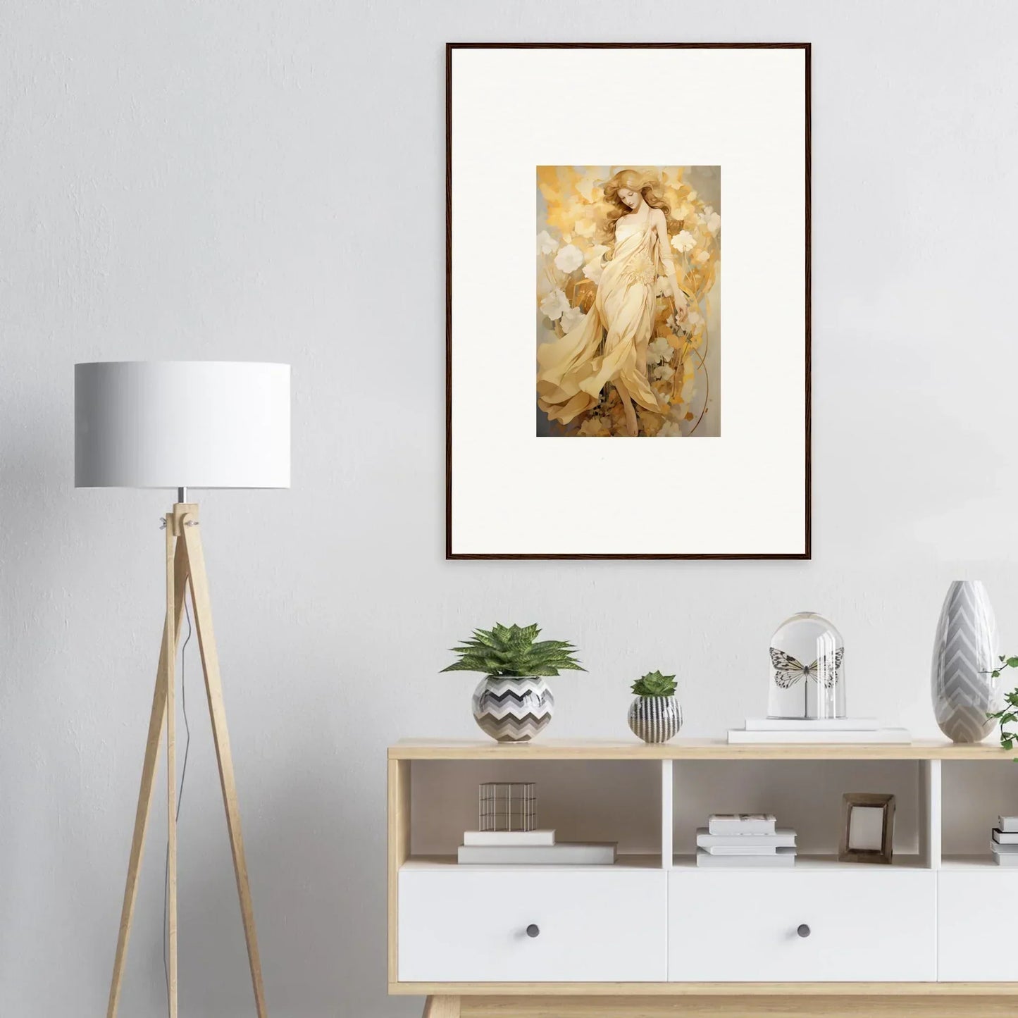 Framed wall art of an ethereal female figure in flowing robes for petal reverie room decor