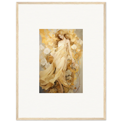 Framed wall art of an ethereal figure in golden hues for elegant room decor