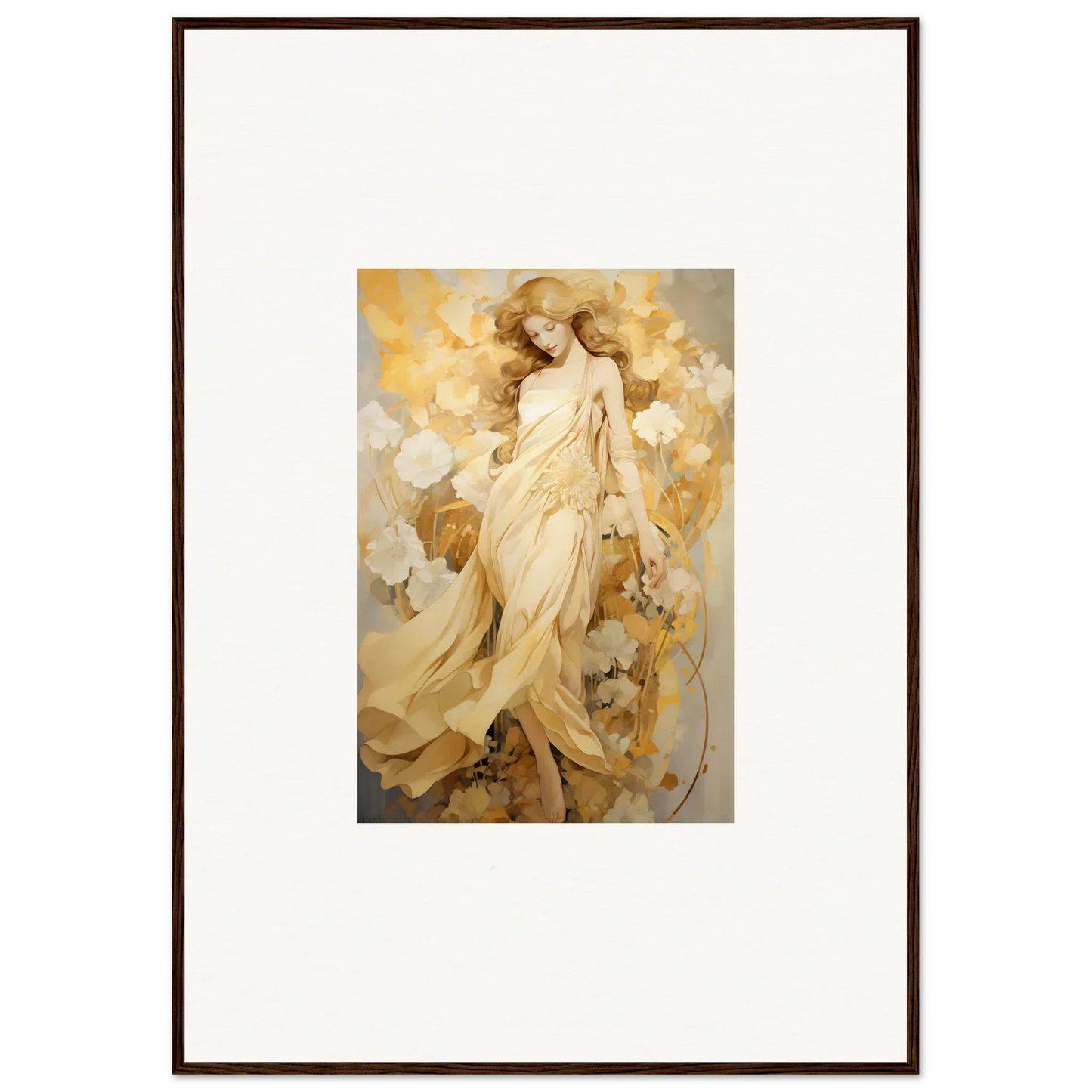 Framed wall art of a glowing female figure in golden robes for elegant room decor