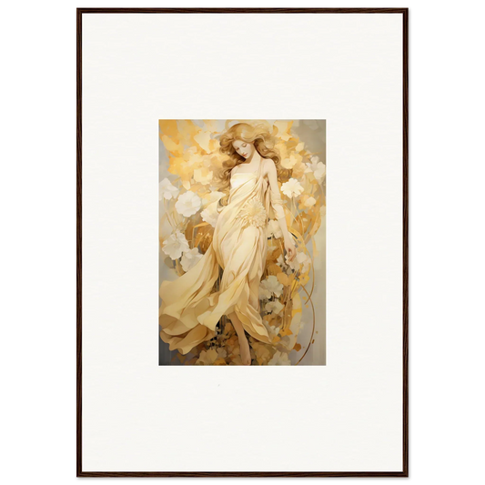 Framed wall art of a glowing female figure in golden robes for elegant room decor