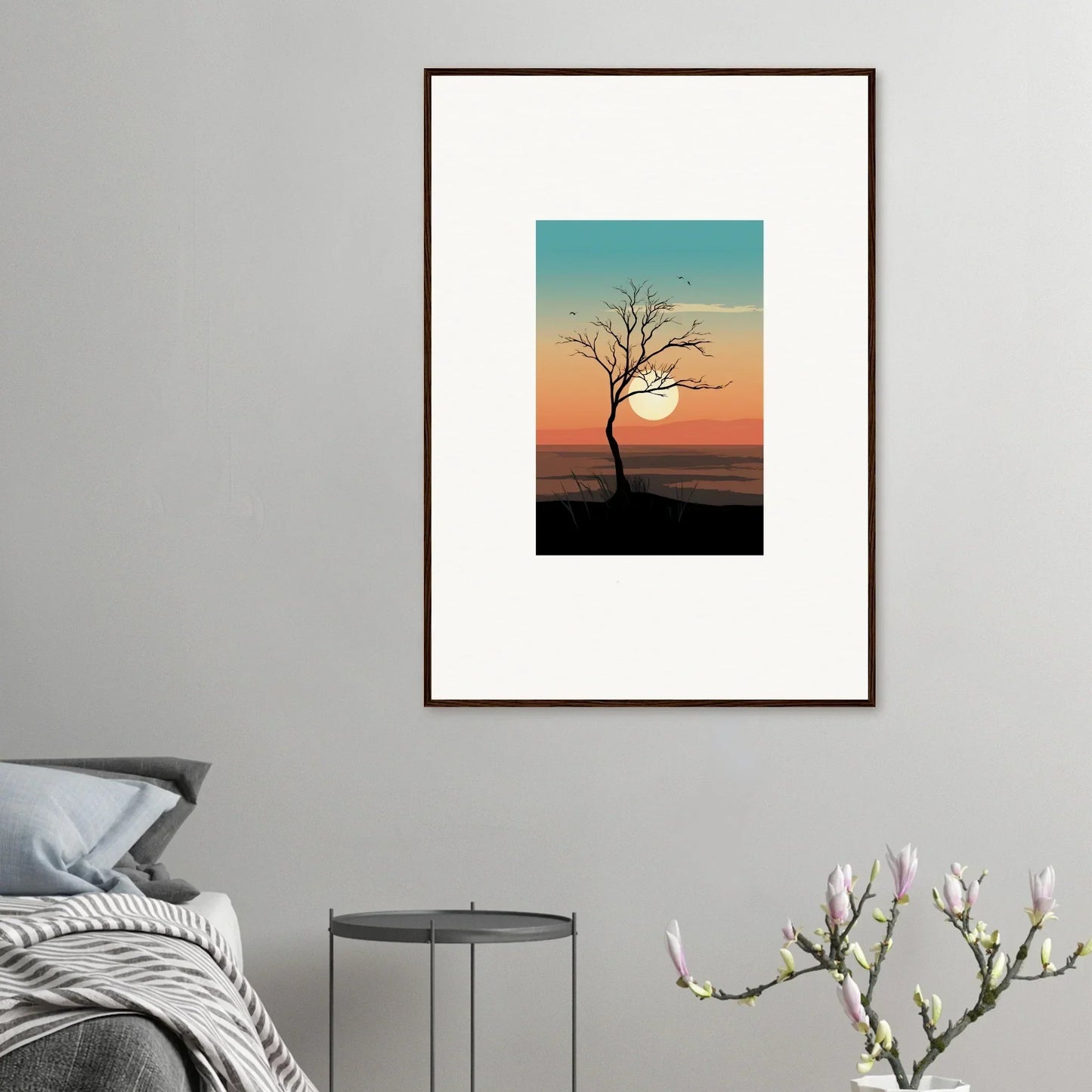 Framed canvas print of a Whispers Tree silhouette during a vibrant sunset, perfect decor