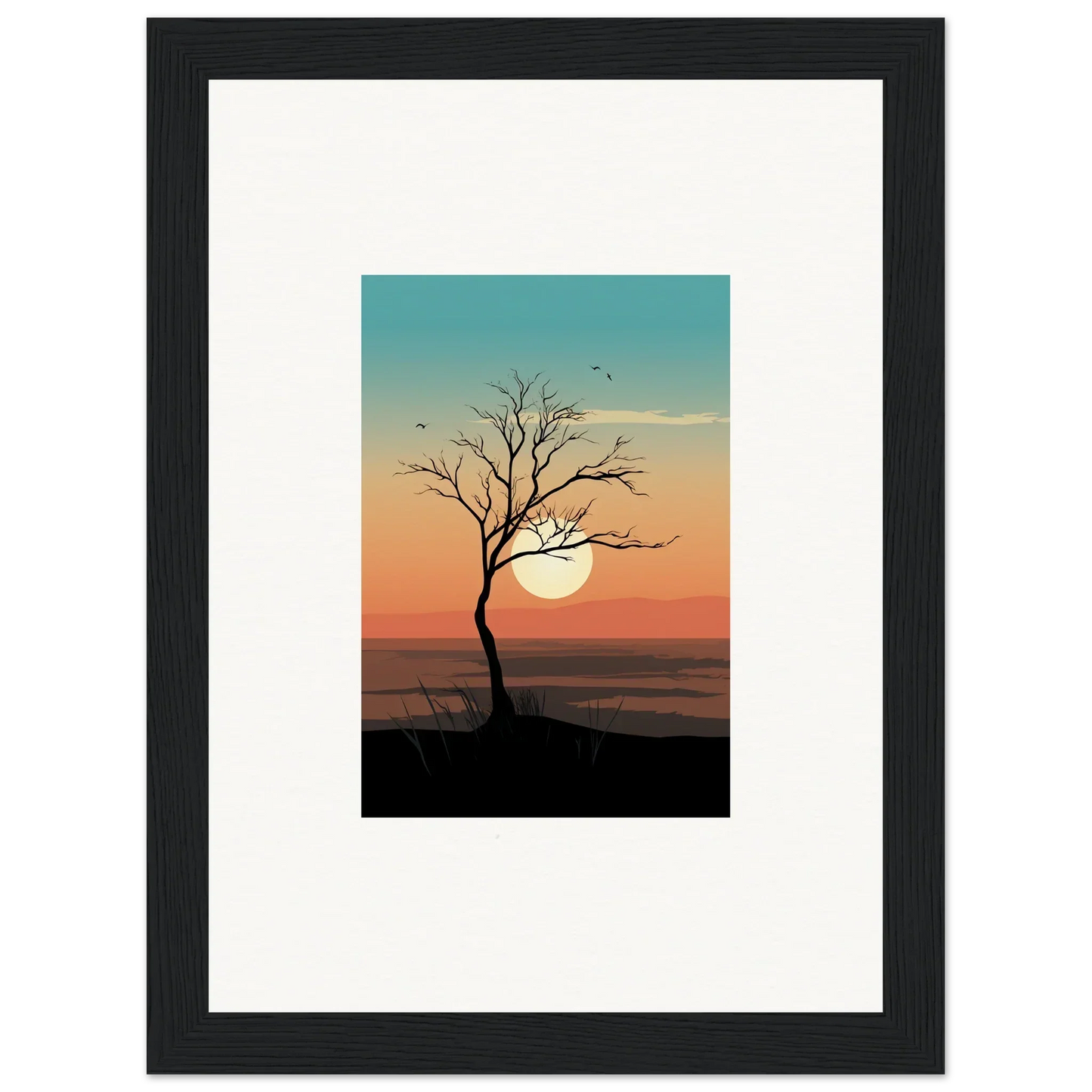 Silhouette of a bare whispers tree at sunset, perfect for room decoration canvas print