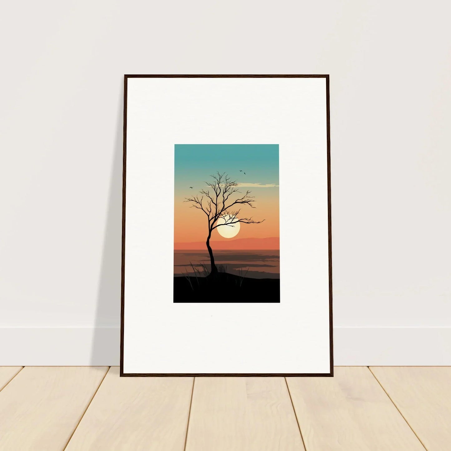 Framed canvas print of whispers tree at sunset, perfect for room decoration