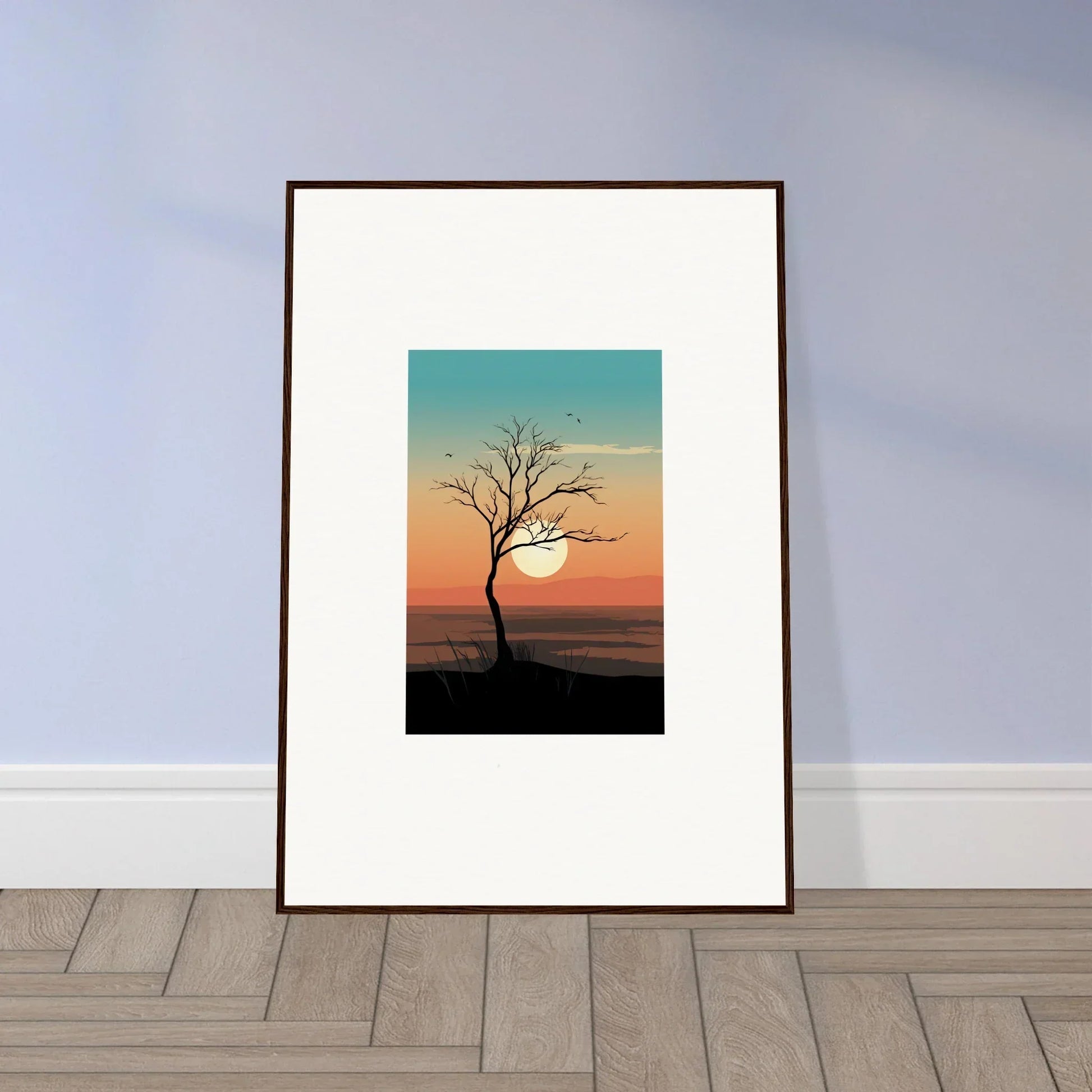 Framed canvas print of Whispers Tree silhouette under a stunning sunset for room decoration