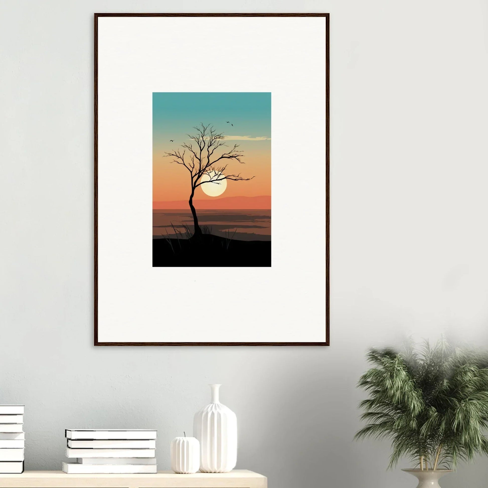 Framed canvas print of Whispers Tree at sunset, perfect for room decoration