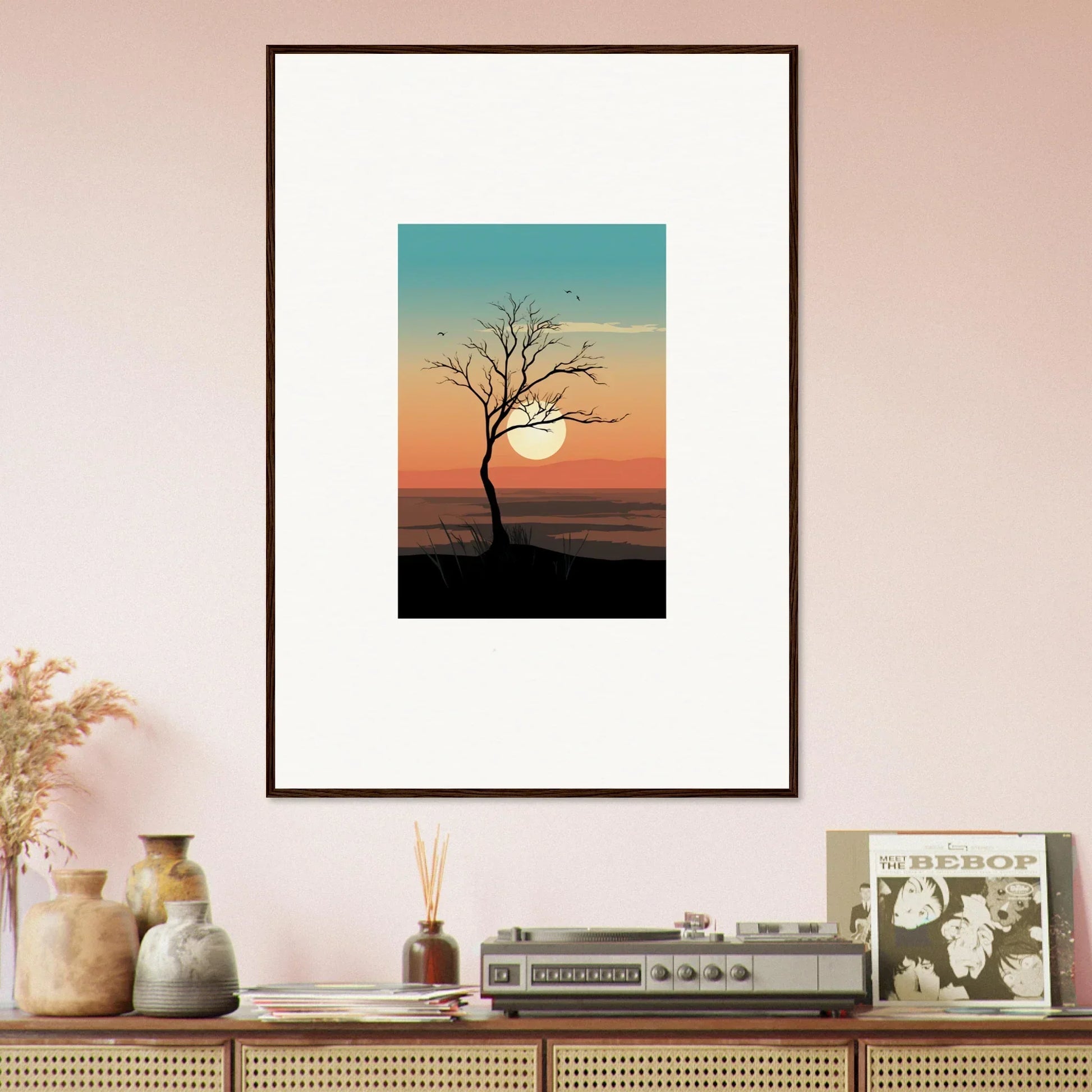 Framed canvas print of a whispers tree silhouette at sunset for stylish room decoration