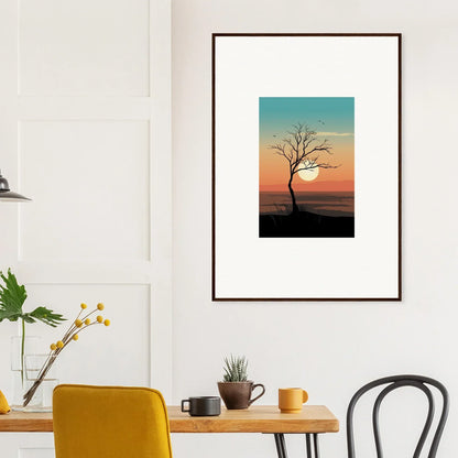 Framed canvas print of Whispers Tree at sunset, perfect for room decoration