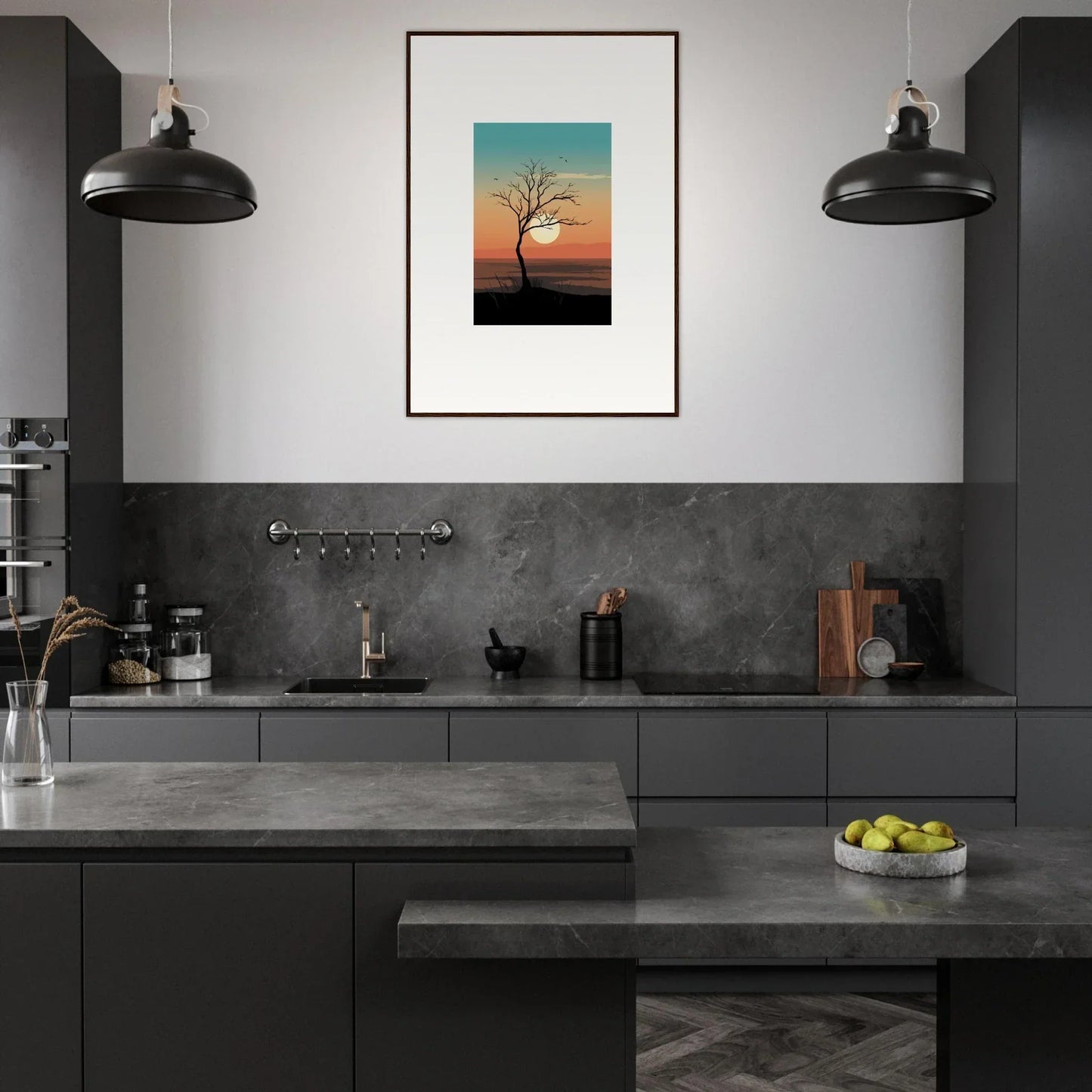 Modern kitchen with dark gray cabinets and Whispers Tree canvas print for room decoration