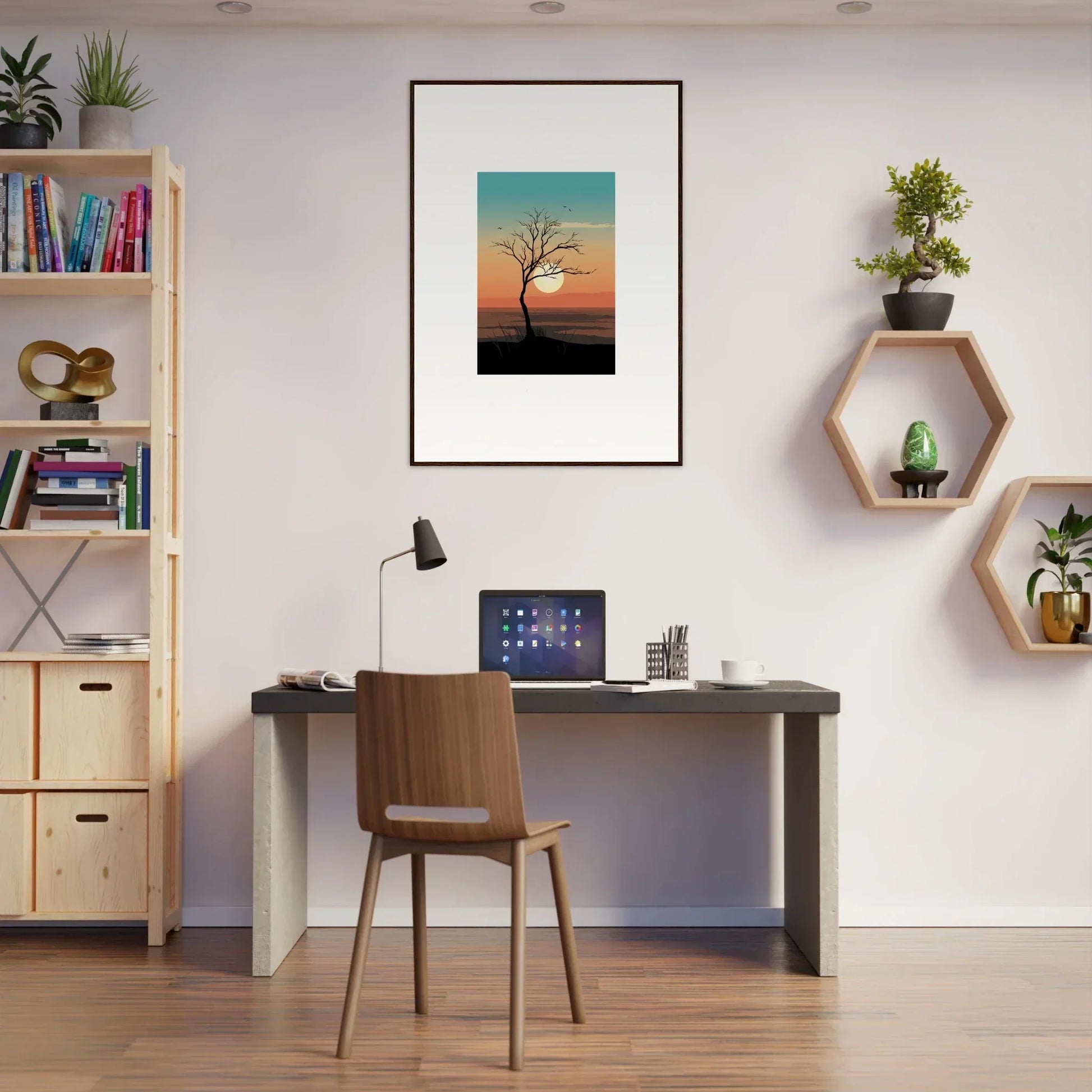 Cozy home office workspace featuring a canvas print of Whispers Tree for room decoration