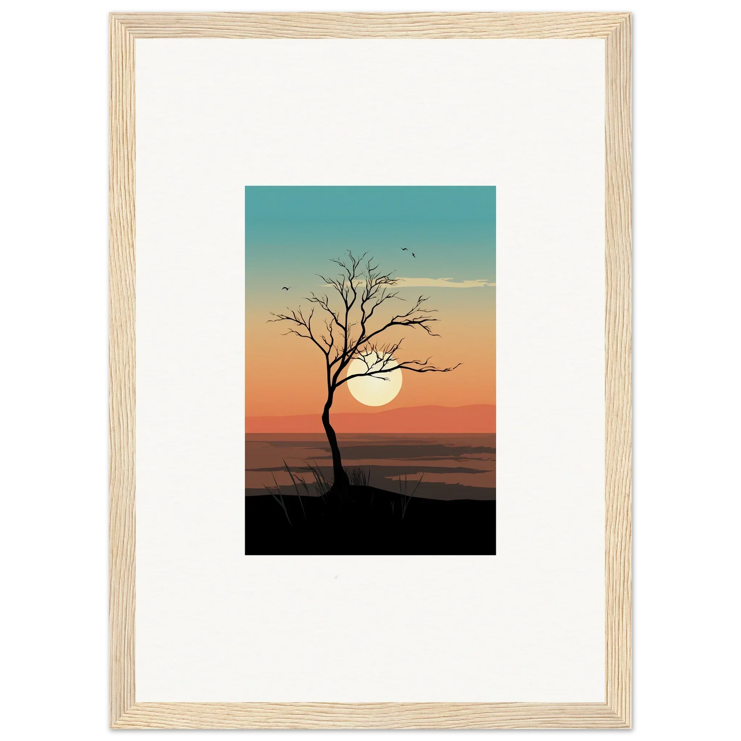 Framed Canvas Print of Whispers Tree Silhouette against Sunset for Room Decoration