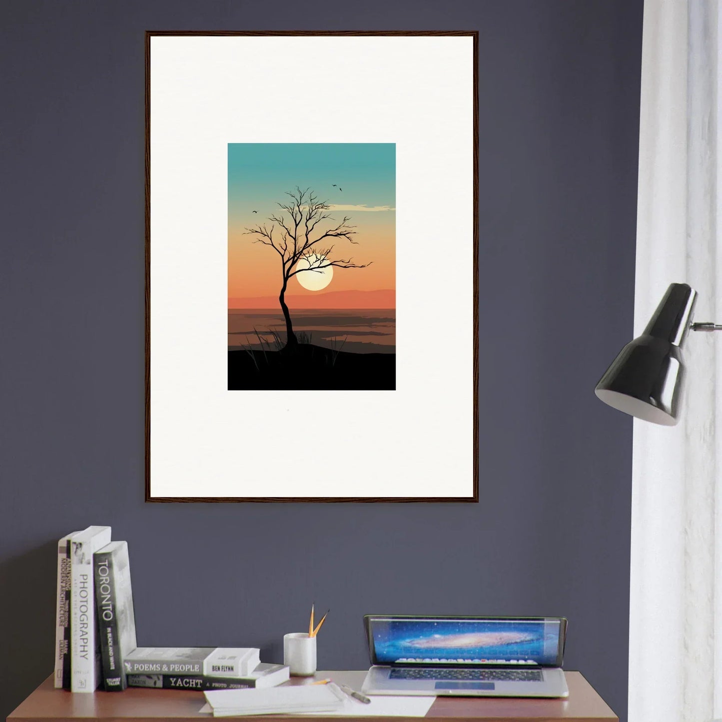 Framed canvas print of Whispers Tree silhouette at sunset, perfect room decoration