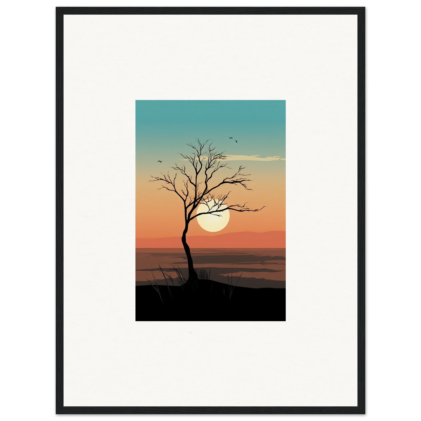 Silhouette of a bare tree at sunset, perfect for a Whispers Tree canvas print decor