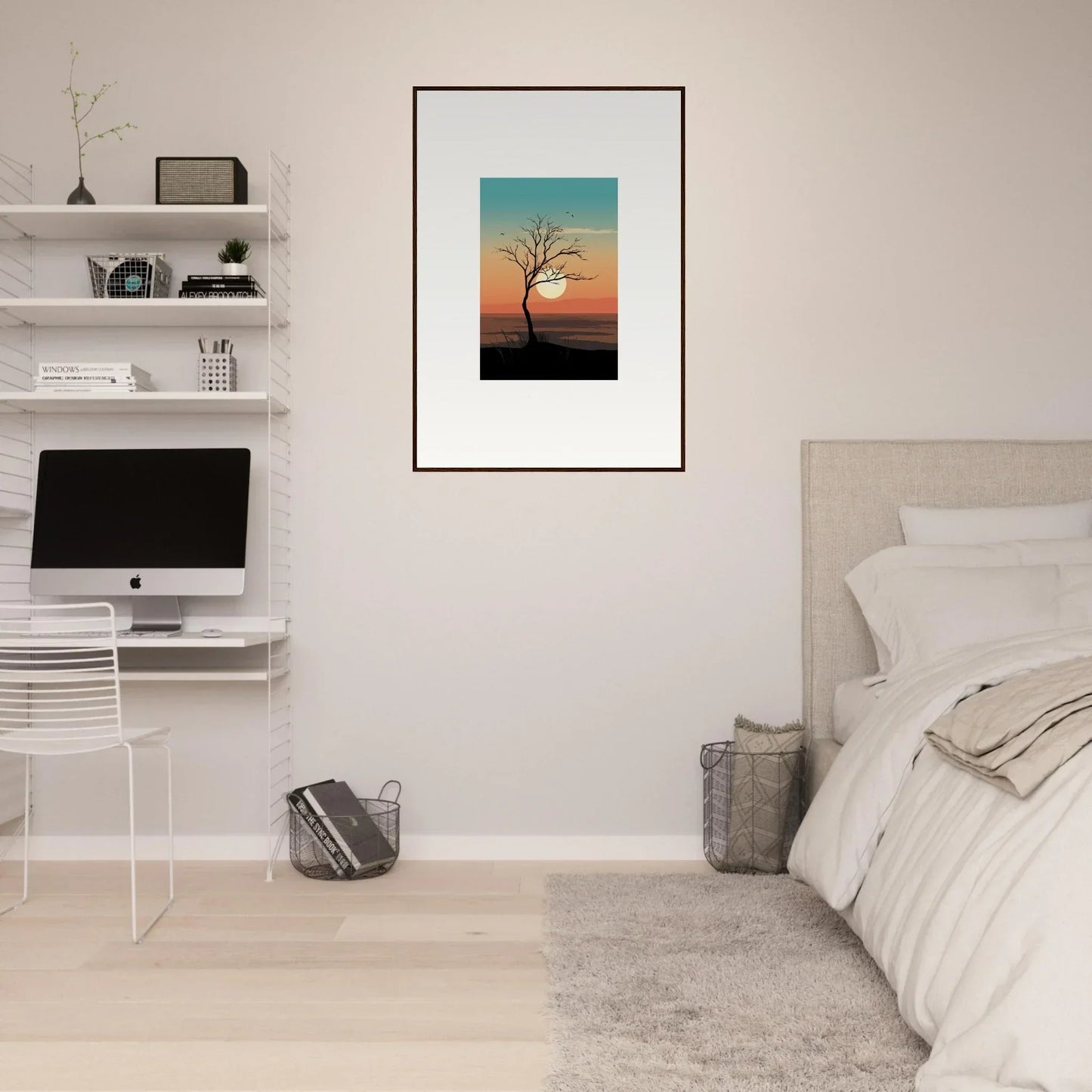 Framed canvas print of a whispers tree silhouetted at sunset for stylish room decoration