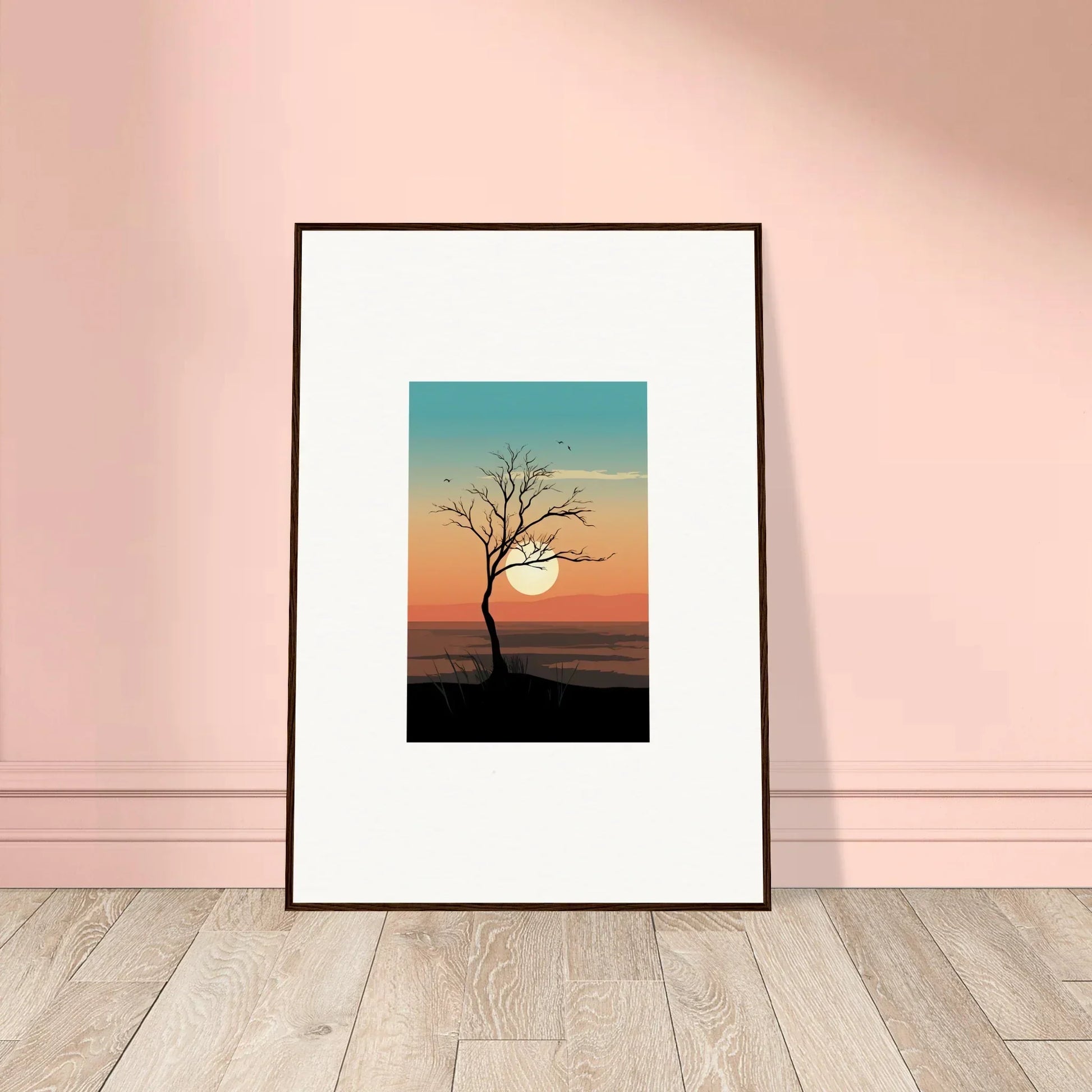 Framed canvas print of Sunlit Whispers Tree silhouetted against a stunning sunset sky