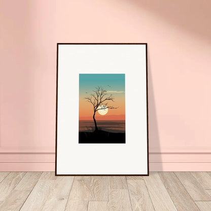 Framed canvas print of Sunlit Whispers Tree silhouetted against a stunning sunset sky