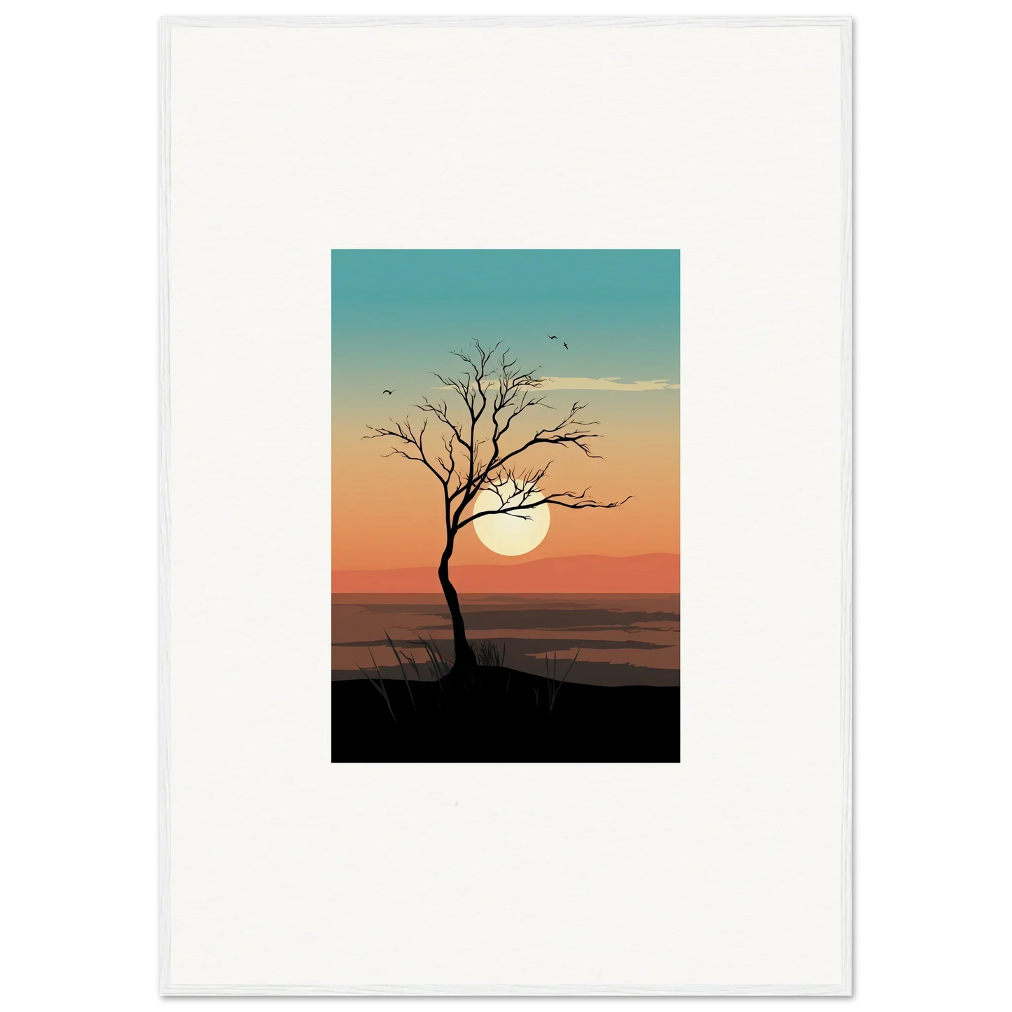 Silhouette of a bare whispers tree at sunset, perfect for room decoration canvas print