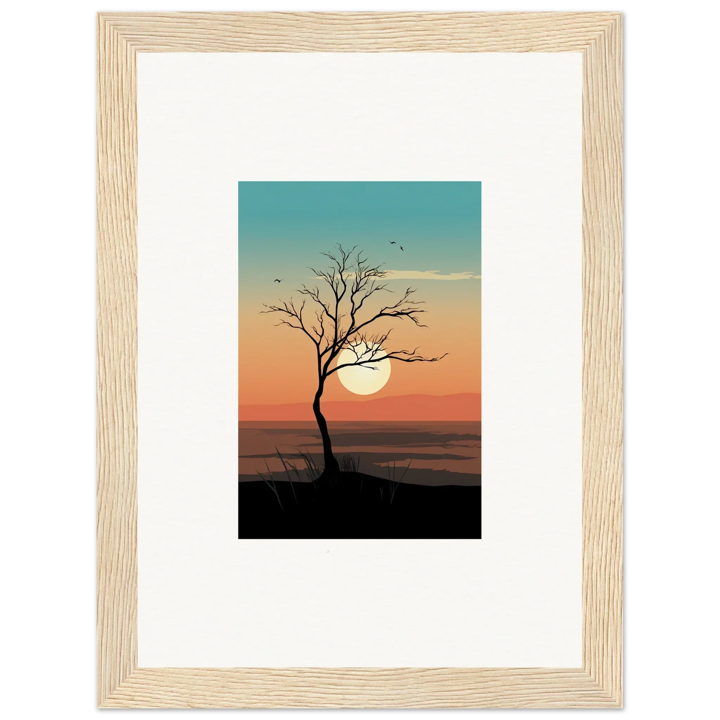 Framed photograph of a whispers tree at sunset, perfect for room decoration or canvas print