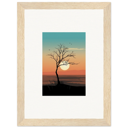 Framed photograph of a whispers tree at sunset, perfect for room decoration or canvas print