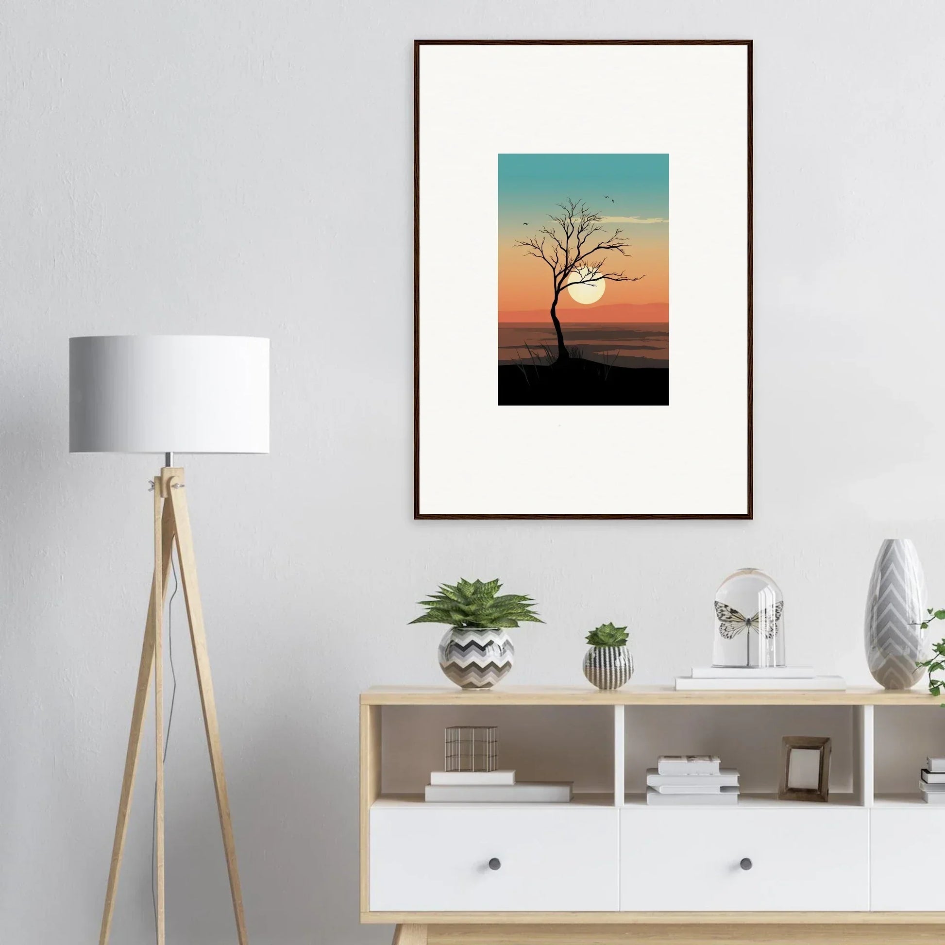 Framed canvas print of Whispers Tree at sunset, perfect for room decoration