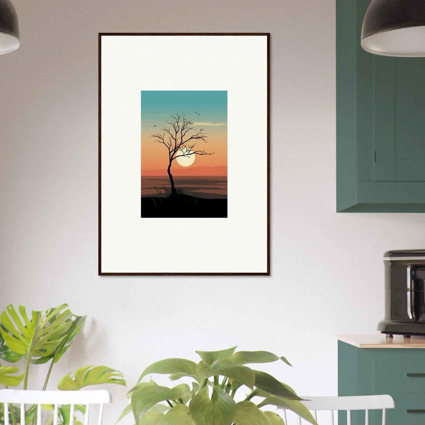 Framed canvas print of a Whispers Tree silhouetted against a vibrant sunset sky