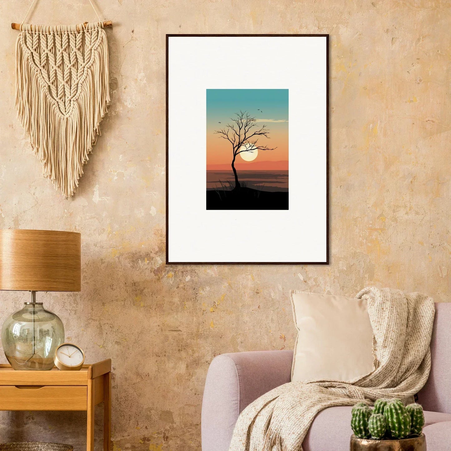 Framed canvas print of Whispers Tree silhouetted at sunset for trendy room decoration