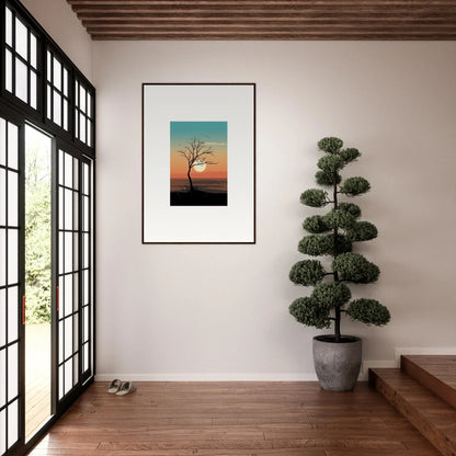 Framed canvas print of Whispers Tree silhouetted against a vibrant sunset for room decoration