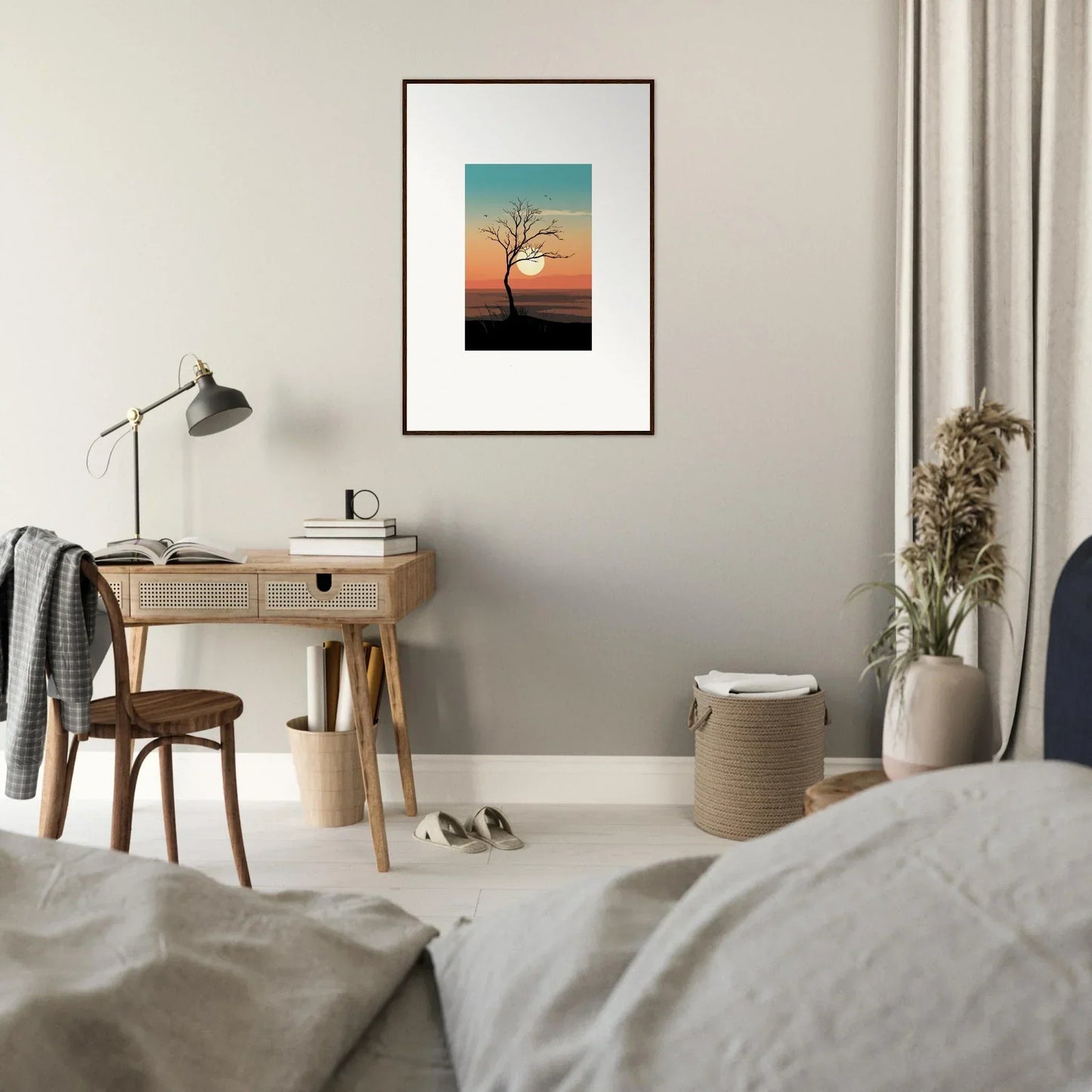 Framed canvas print of a Whispers Tree silhouette against a vibrant sunset sky