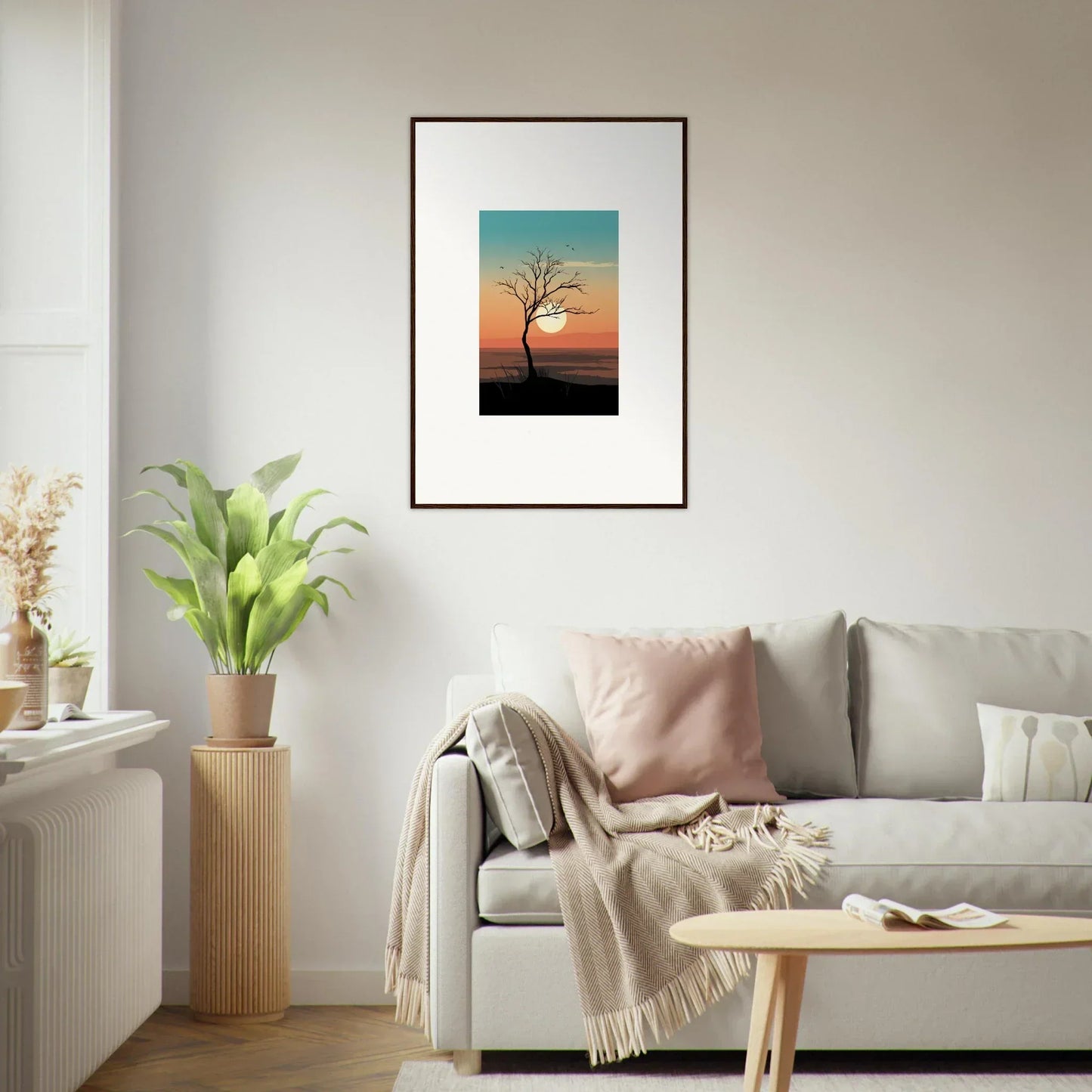 Framed canvas print of Whispers Tree silhouette in a colorful sunset for room decoration